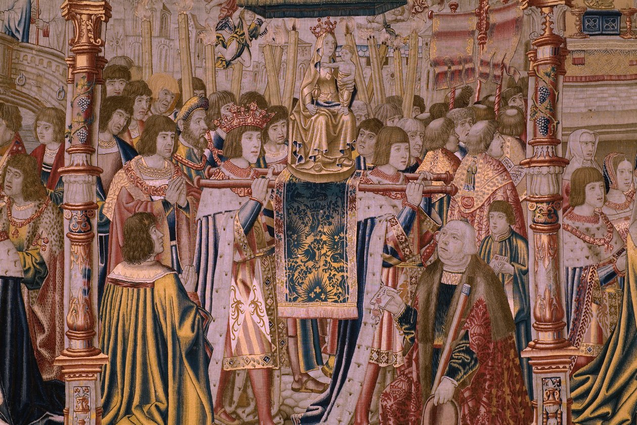tapeçaria flamenga. Série A Lenda da Madona do Sablon (A Lenda de Nossa Senhora do Sablon). A chegada da estátua da Madonna. Fabricação de Bruxelas. O cartunista Barend van Orley de Bernard van Orley
