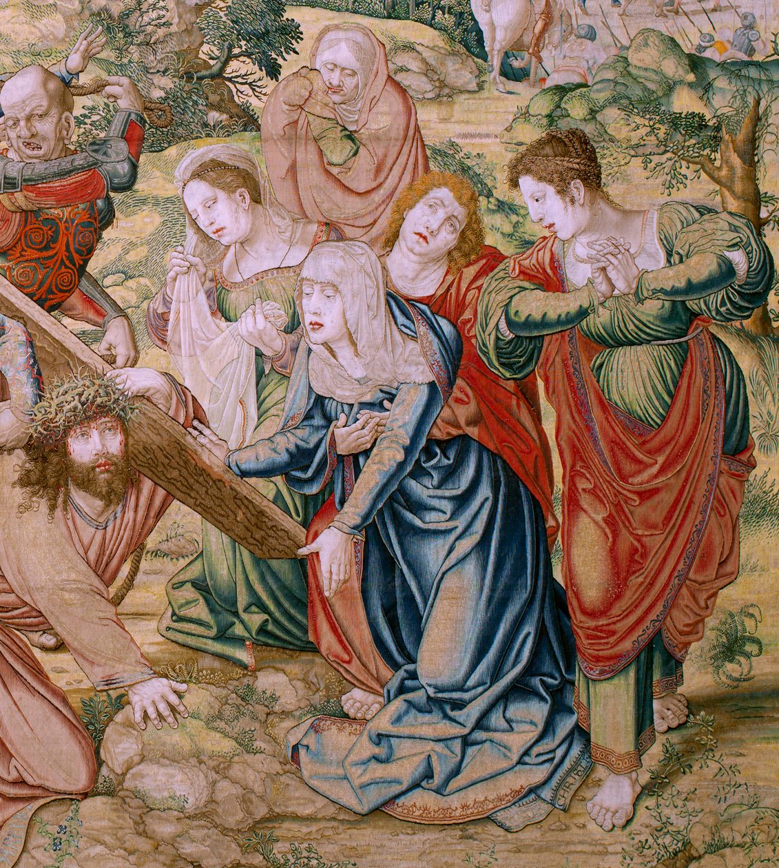 tapeçaria flamenga. Série A Paixão de Cristo. Queda a caminho do Calvário (Caída en el camino del Calvario). Segunda tapeçaria da série. Modelos Cartunista Bernard van Orley. Manufatura Pieter de Pannemaker, Bruxelas. Ca 1518-1523. Tecido Ouro, prata, de Bernard van Orley