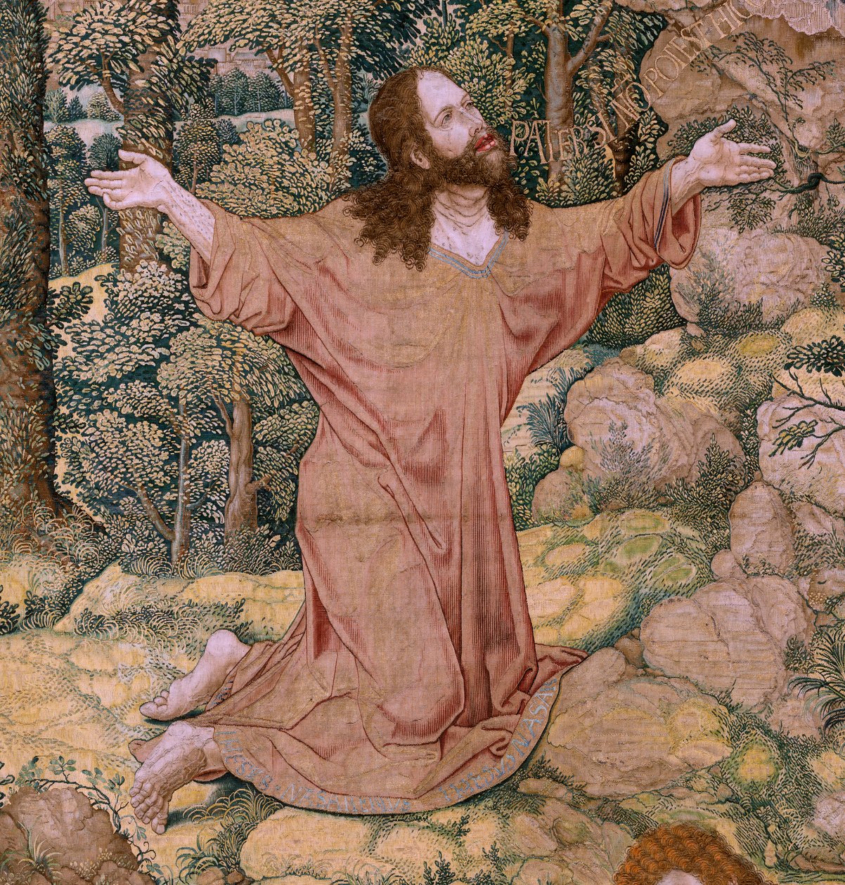 Tapeçaria flamenga. Série A paixão de Cristo. Cristo no Monte das Oliveiras. Fabrico Pieter de Pannemaeker, Bruxelas. Cartoonista Barend van Orley. Ca 1518-1522. de Bernard van Orley