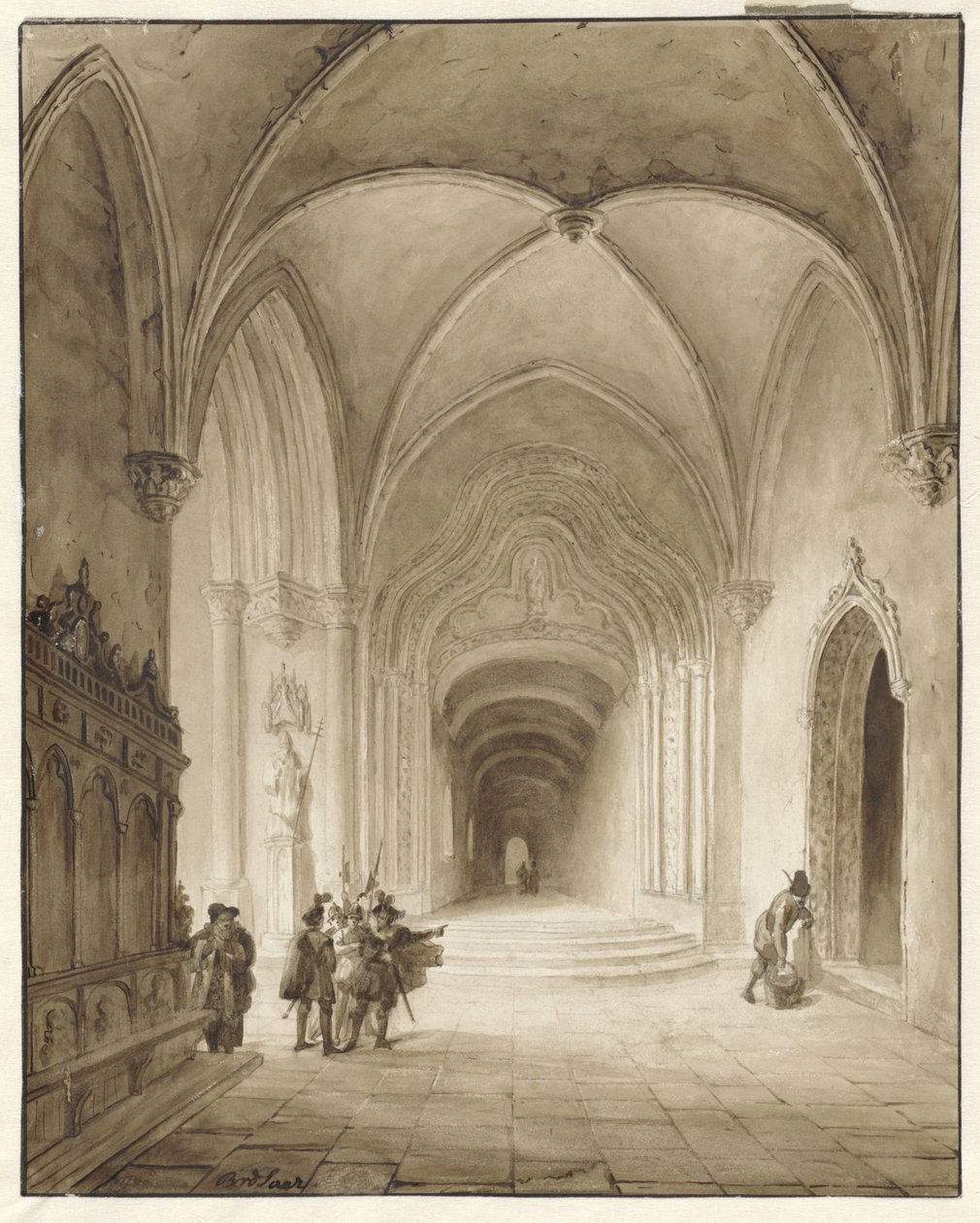 Interior da igreja com guerreiros na entrada de Bernard van de Laar