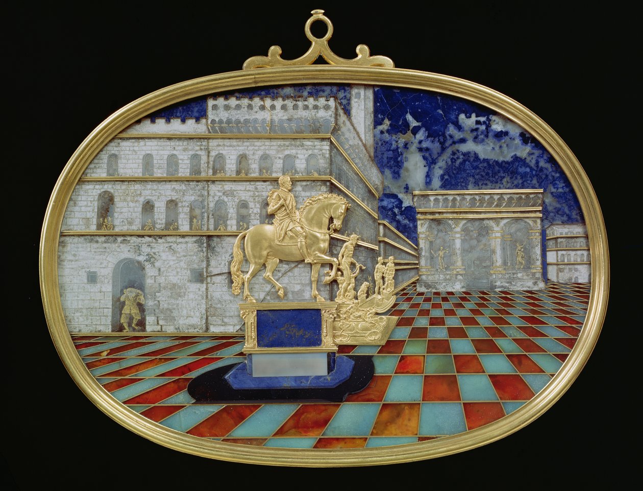 Mosaico em miniatura de uma praça italiana, provavelmente Florença, contendo bronzes e uma estátua equestre, mosaico de Gaffuri e base-relevos de ouro da Bilivelt (ouro, lápis-lazúli e pedras semipreciosas) de Bernardino and Bilivert, Jacopo Gaffuri