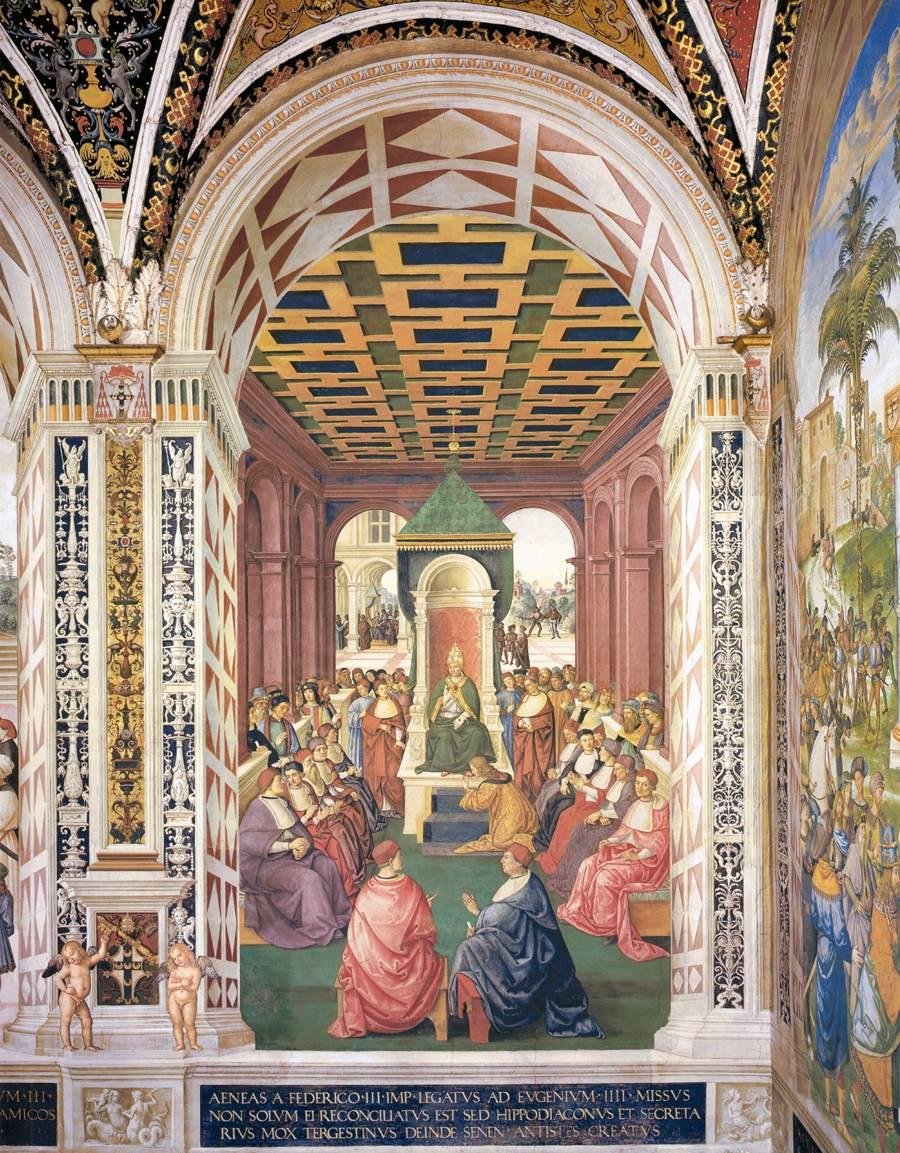 Homenagem ao Papa Eugênio IV em Nome do Imperador Frederico III de Bernardino di Betto Pinturicchio