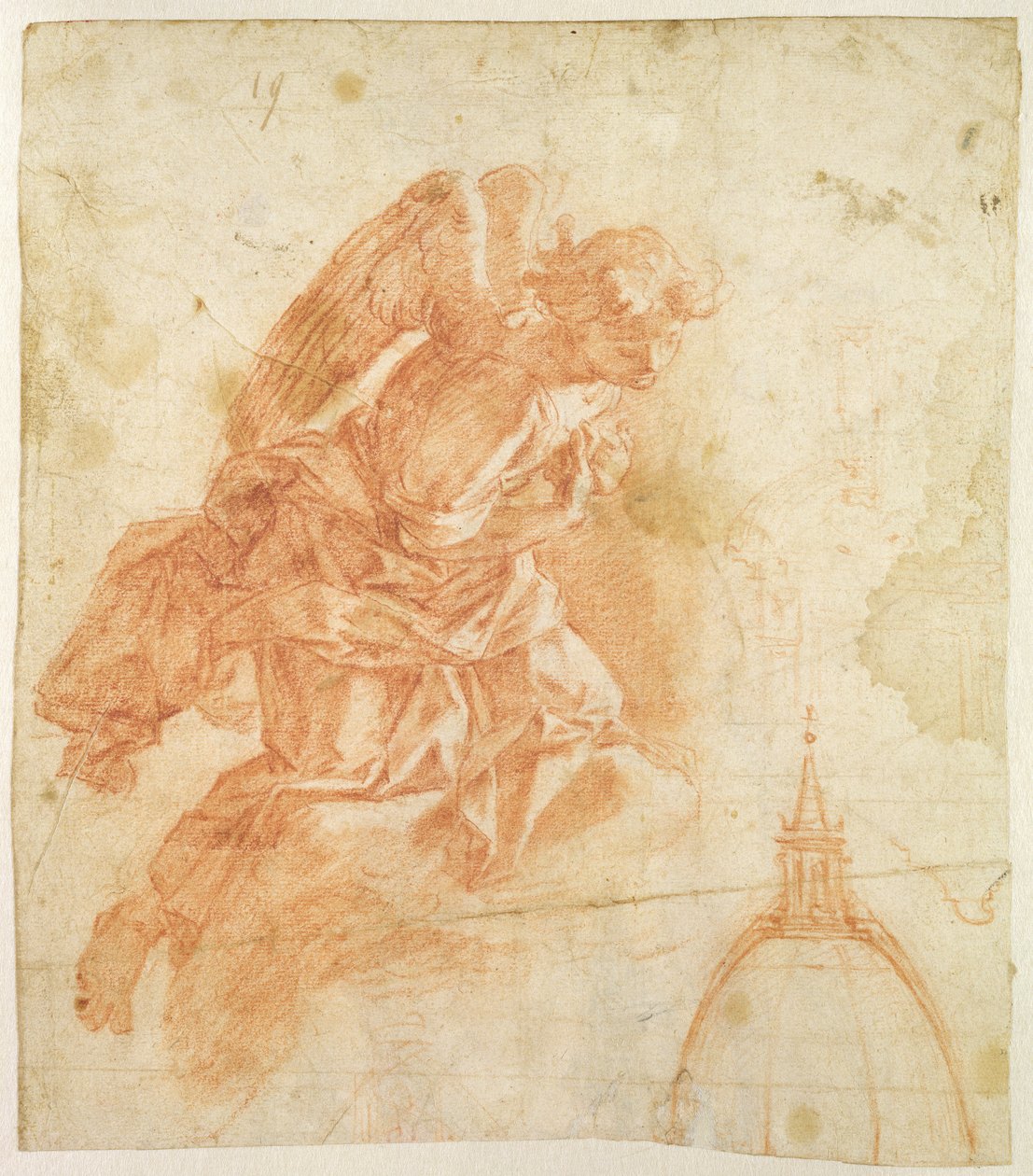 Anjo suspenso e desenho arquitetônico, c.1600 (giz vermelho sobre papel) de Bernardino Barbatelli Poccetti