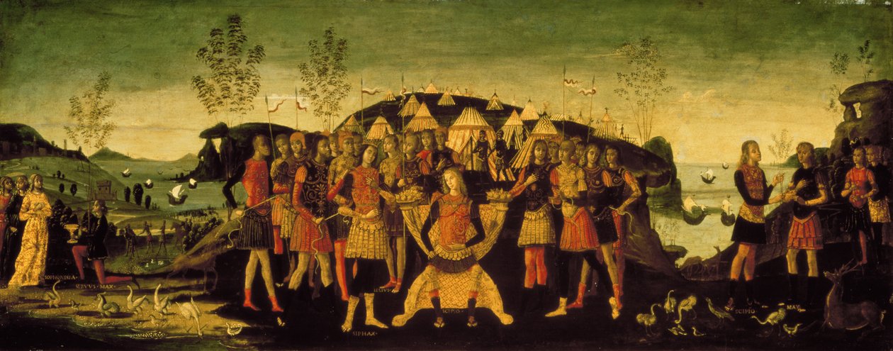 Cipião Africano (237-183 aC), general romano, com o príncipe da Numídia, em cativeiro Sphax, cuja esposa Sophonisba, nobre cartaginense, está à esquerda, c.1490 de Bernardino Fungai