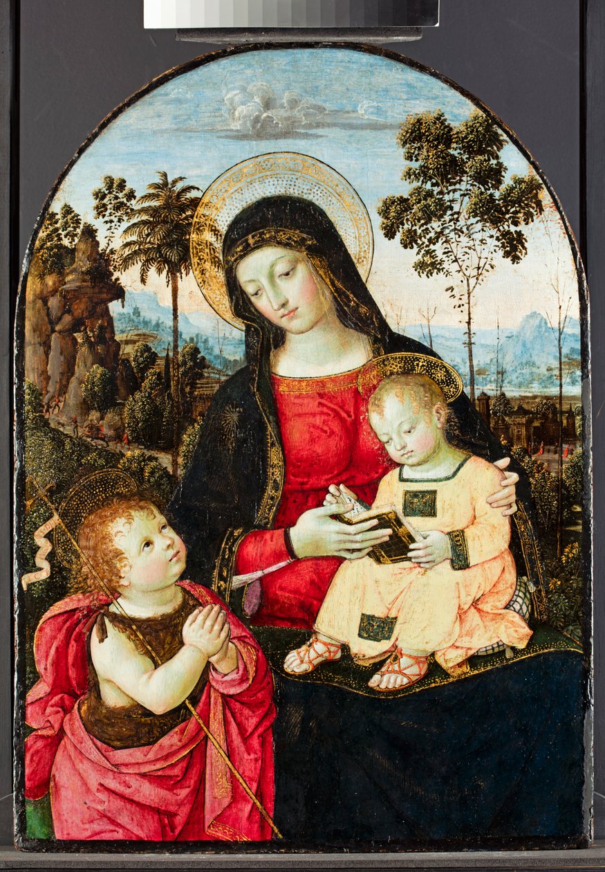 Virgem e Menino com São João Batista, 1490-95 (têmpera com óleo e esmaltes e ouro no painel) de Bernardino di Betto Pinturicchio