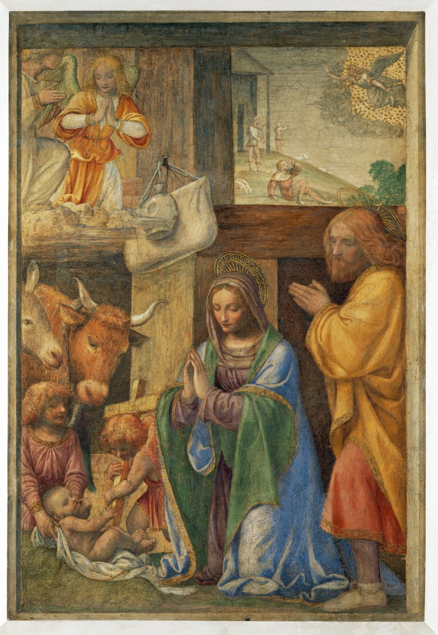 O nascimento de Jesus e o anúncio aos pastores. - A natividade e ... de Bernardino (attr. to) Luini