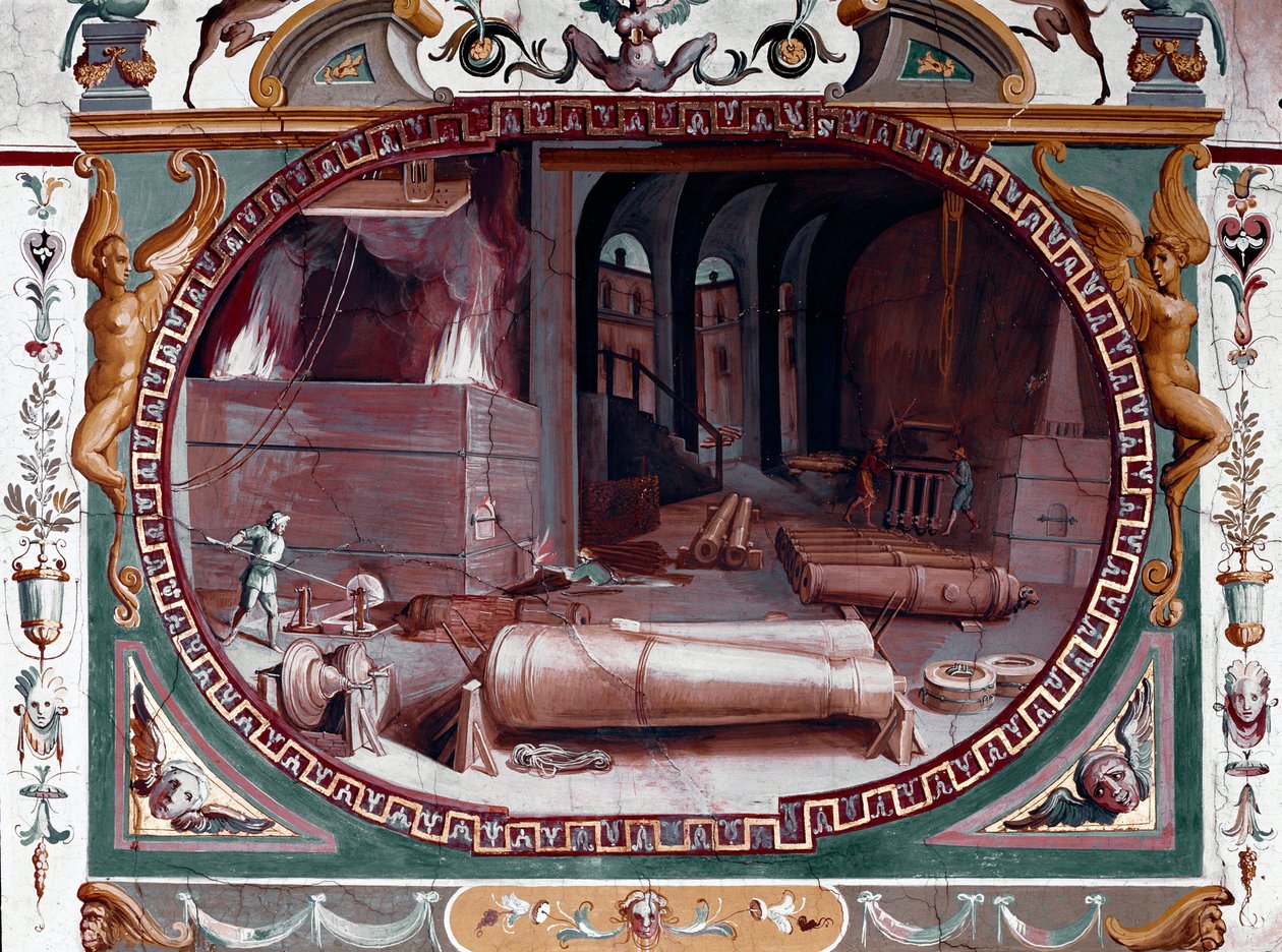 Representação da oficina de uma fundição de armas. Fresco por Bernardino Barbatelli dit Poccetti (1548-1612) Florence, Galleria degli Uffizi (Uffizi) de Bernardino Barbatelli Poccetti
