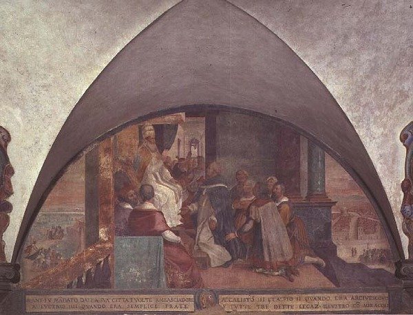 Santo Antônio se apresenta ao Papa Eugênio III como Embaixador, lunette (afresco) de Bernardino Barbatelli Poccetti