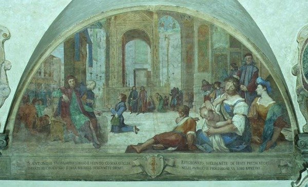 O Jovem Santo António a rezar diante do Crucifixo na Praça da Cidade (fresco) de Bernardino Barbatelli Poccetti
