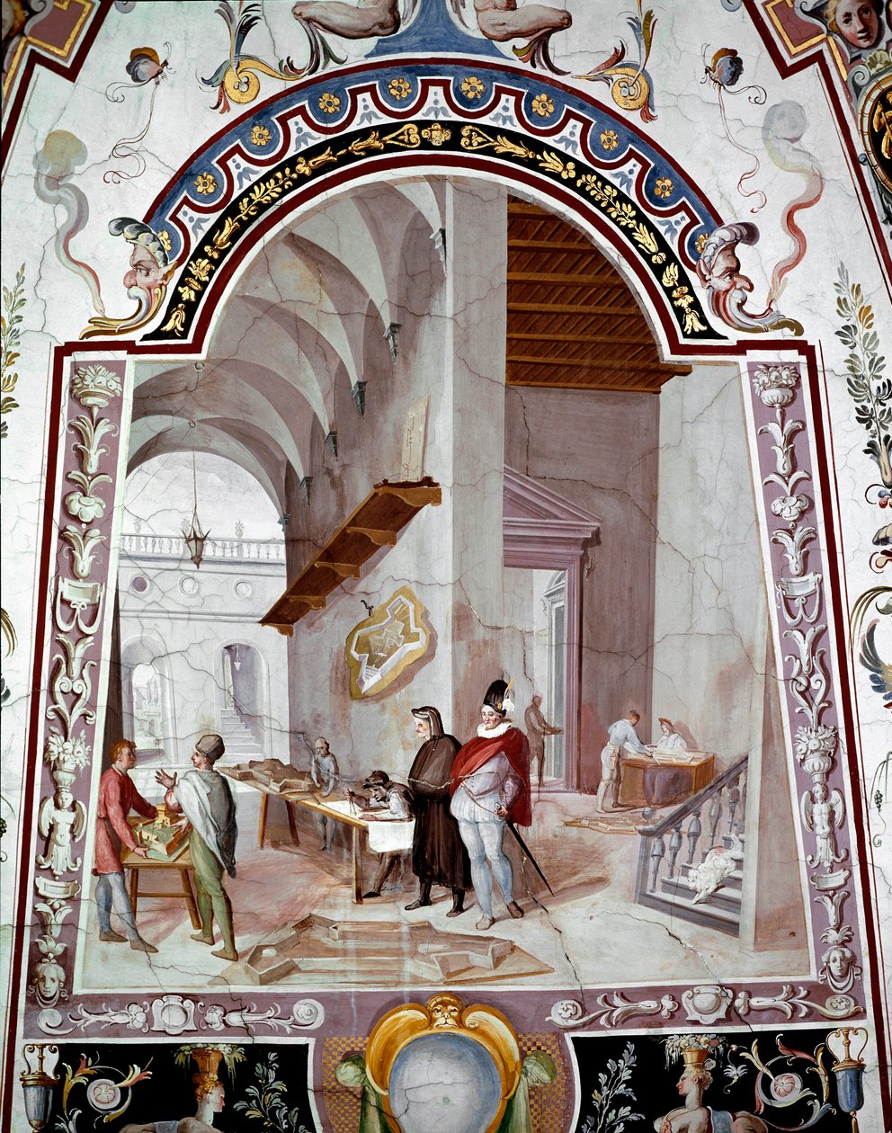 Vista da oficina de um arquitecto. Fresco por Bernardino Barbatelli dit il Poccetti (1548-1612) Galleria degli Uffizi (Escritórios) Século XVII Florença de Bernardino Barbatelli Poccetti