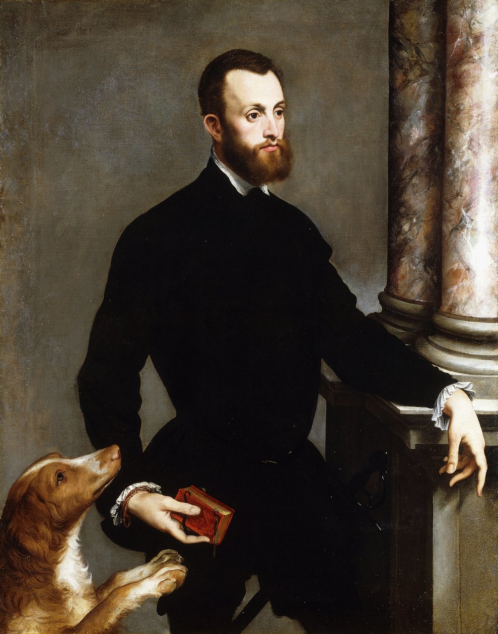 Retrato de um cavalheiro, de três quartos, vestindo um traje preto e segurando um livro, de Bernardino Campi
