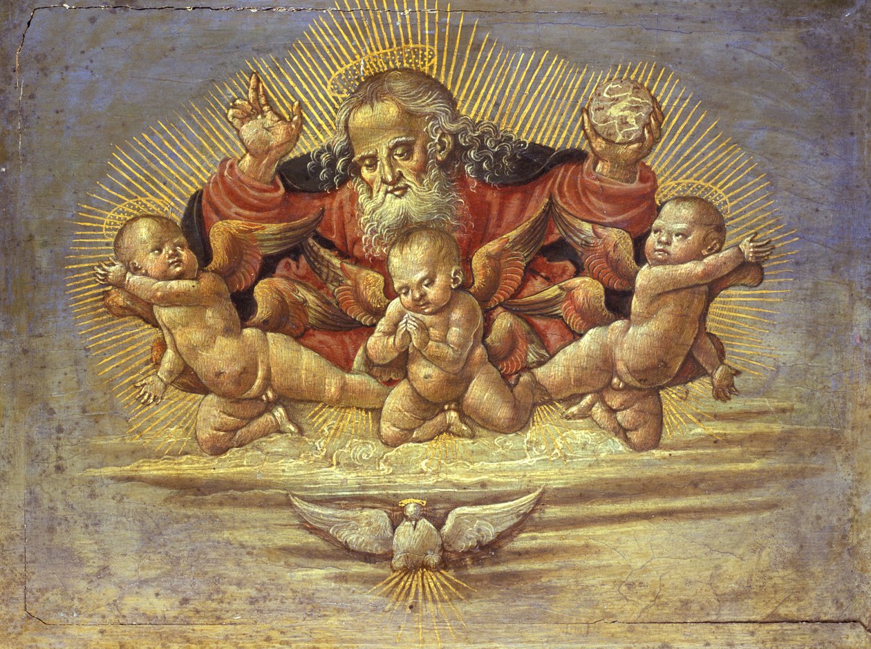 Parte de um Pedaço de Altar representando Deus Pai com Três Anjos, c.1500 (têmpera sobre madeira) de Bernardino Fungai