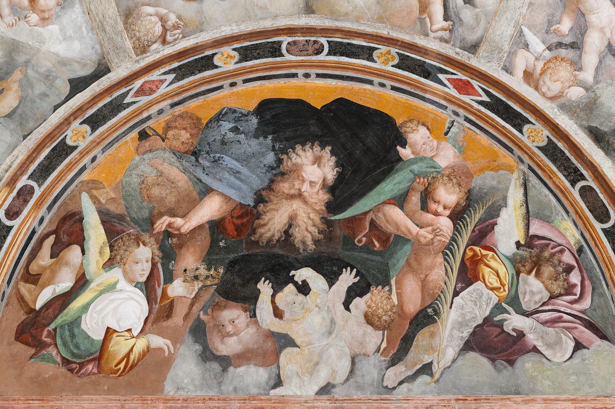 Anjos e putti, detalhe do Martírio de Santa Catarina (fresco) de Bernardino Lanino