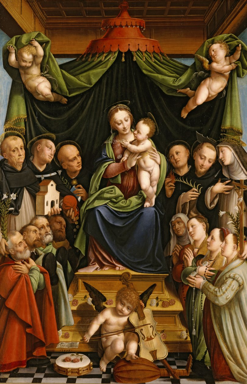 Madonna e criança entronizada com santos e doadores de Bernardino Lanino