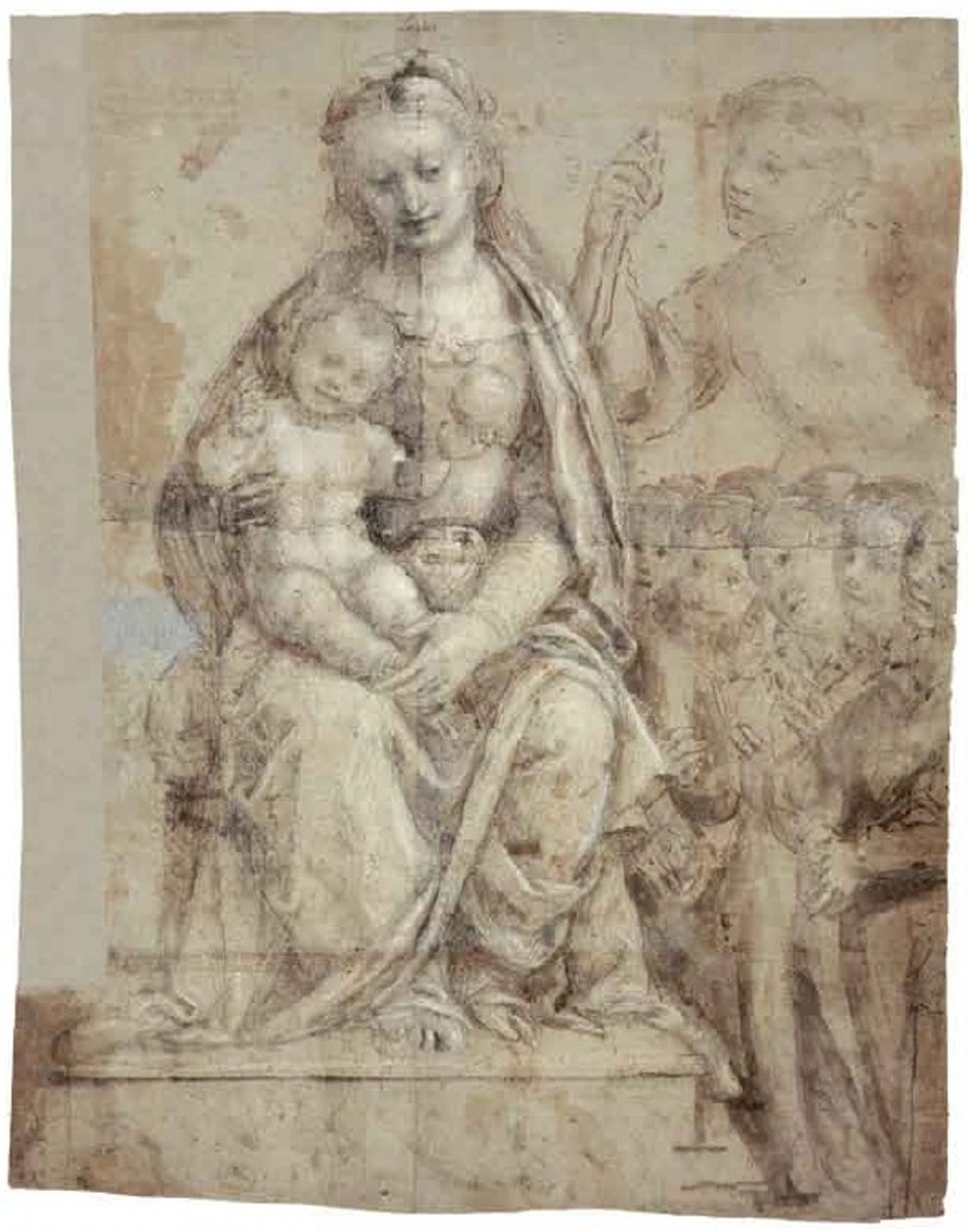 Nossa Senhora com o Menino, um Santo Guerreiro (Miguel) e um grupo de adoradores de Bernardino Lanino