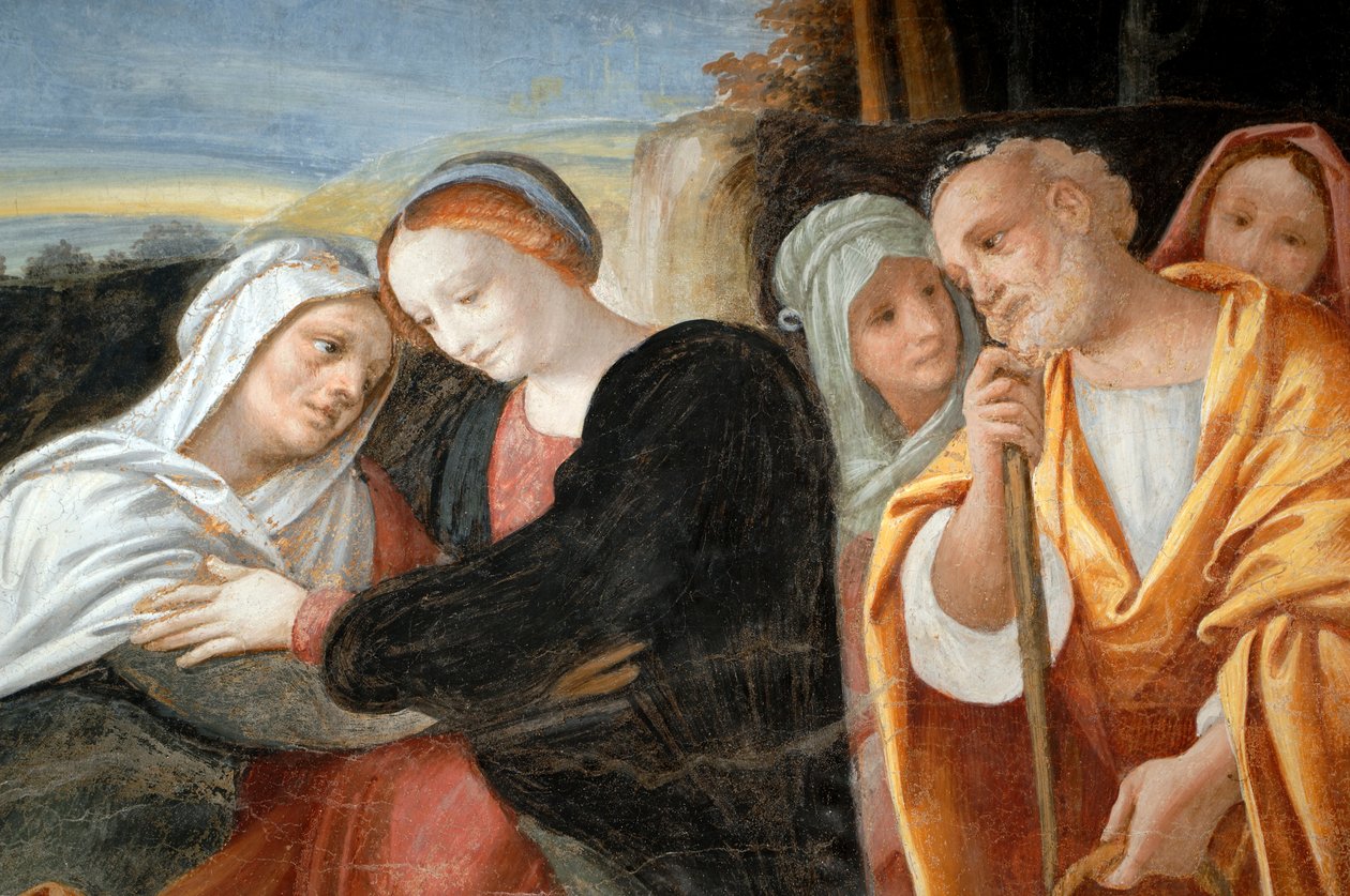 Maria com Santa Ana e São Joaquim, detalhe do Ciclo da Virgem (1553), afresco de Bernardino Lanino (1512-1583), sacristia inferior na Catedral de Novara, Piemonte, Itália de Bernardino Lanino