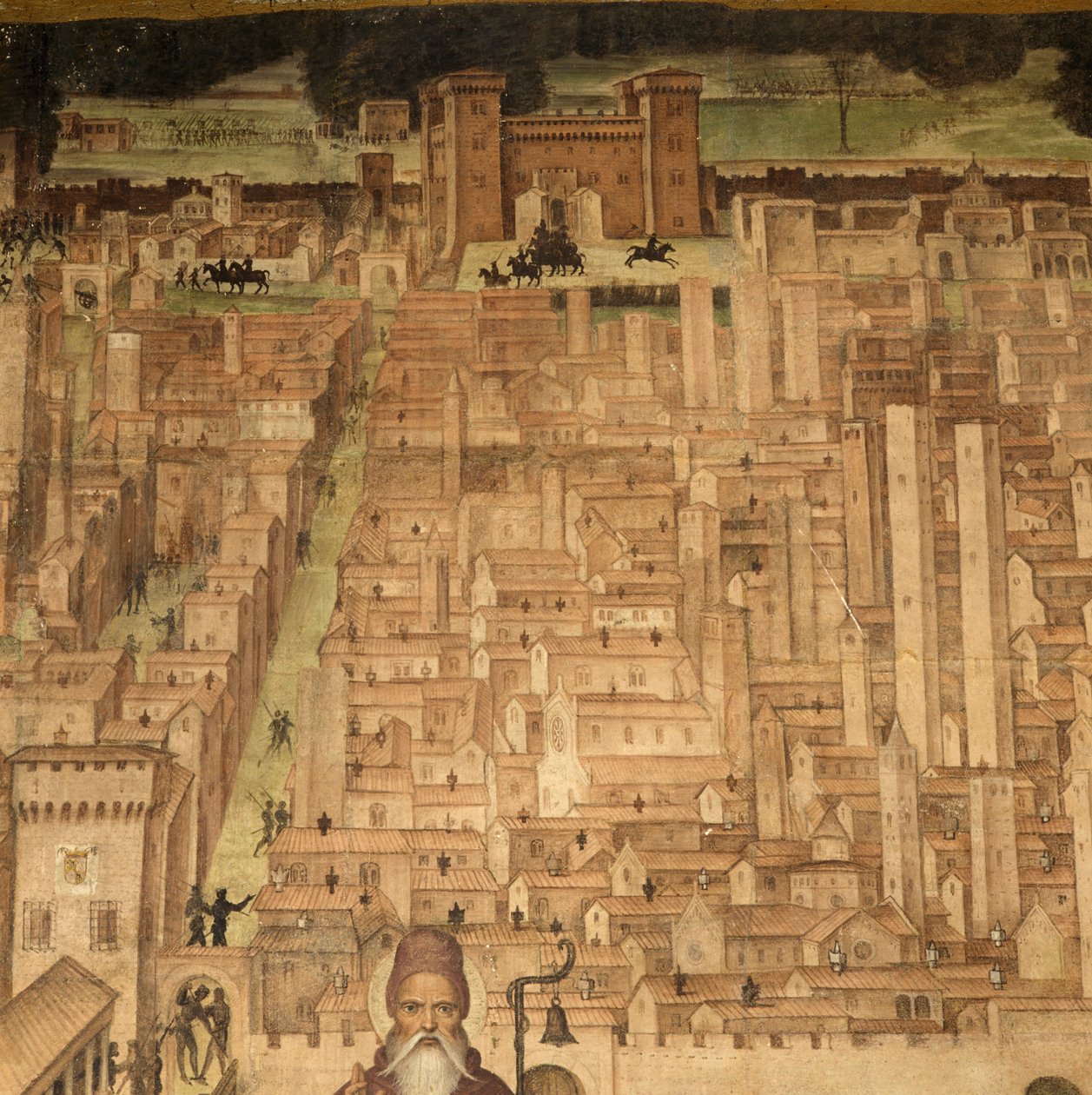 Santo Antônio e vista de Pavia, detalhe do ciclo Histórias de São Teodoro, afrescos de Bernardino Lanzani (1460-1530 ca), Igreja de São Teodoro, Pavia, Lombardia, Itália de Bernardino Lanzani da San Colombano