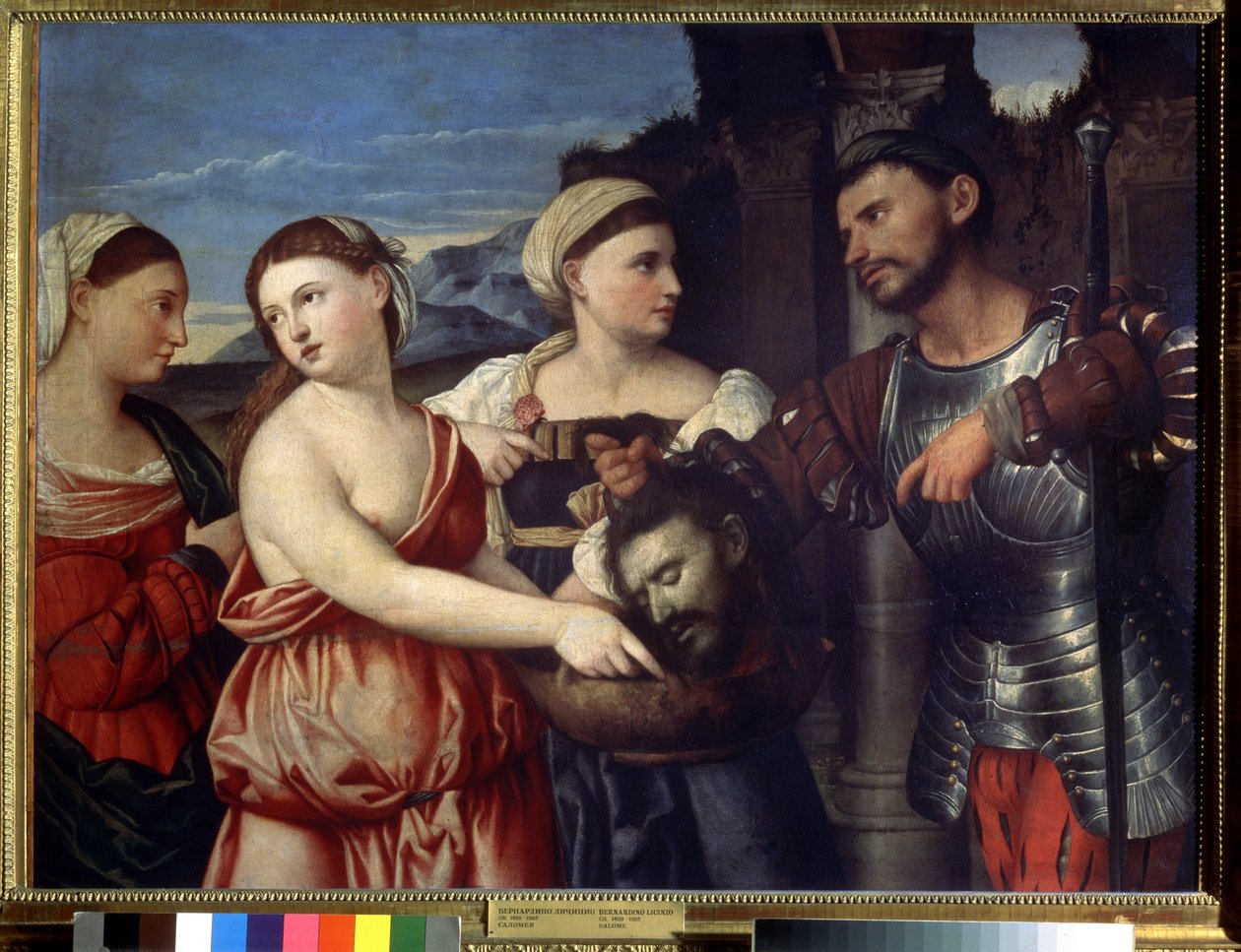 "Salomé" Salomé segurando a cabeça de São João Baptista. Pintura de Bernardino Licinio (1489-1565). Museu Pushkin do século XVI, Moscovo de Bernardino Licinio