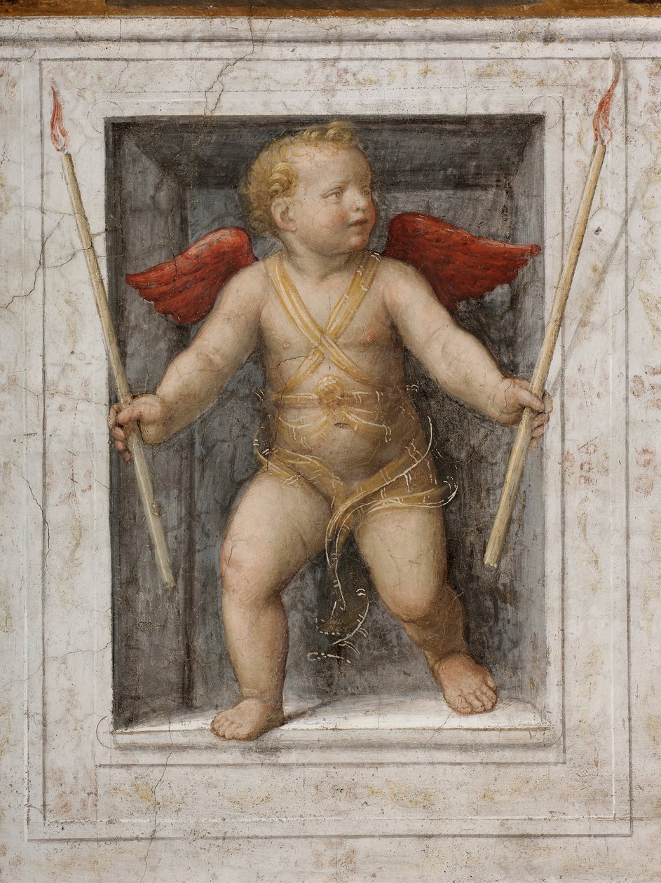 Um anjo segurando velas pormenor (fresco) de Bernardino Luini