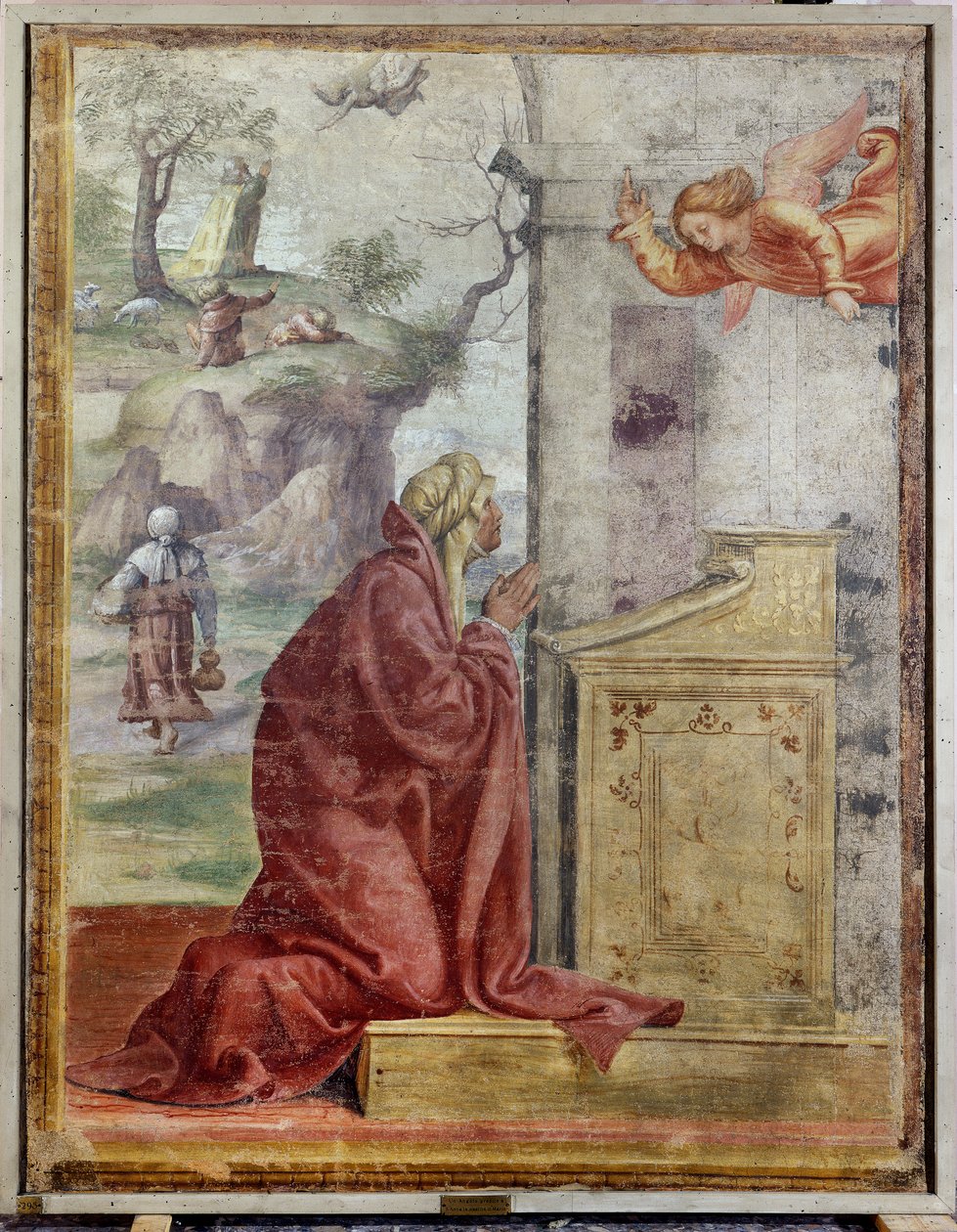 Anunciação a Santa Ana, ao fundo São Joaquim e o Anjo de Bernardino Luini