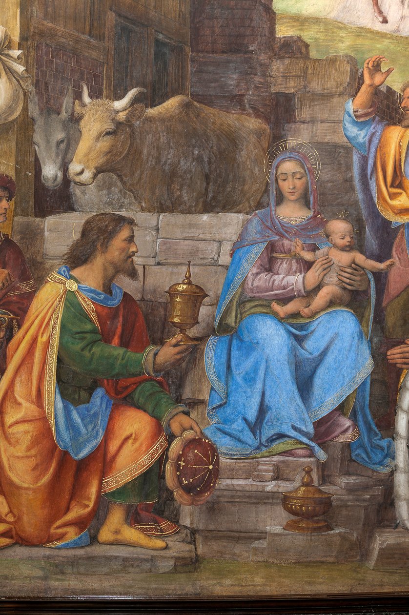 Detalhe da Adoração dos Três Reis Magos, Presbitério ou Capela Principal (fresco) de Bernardino Luini