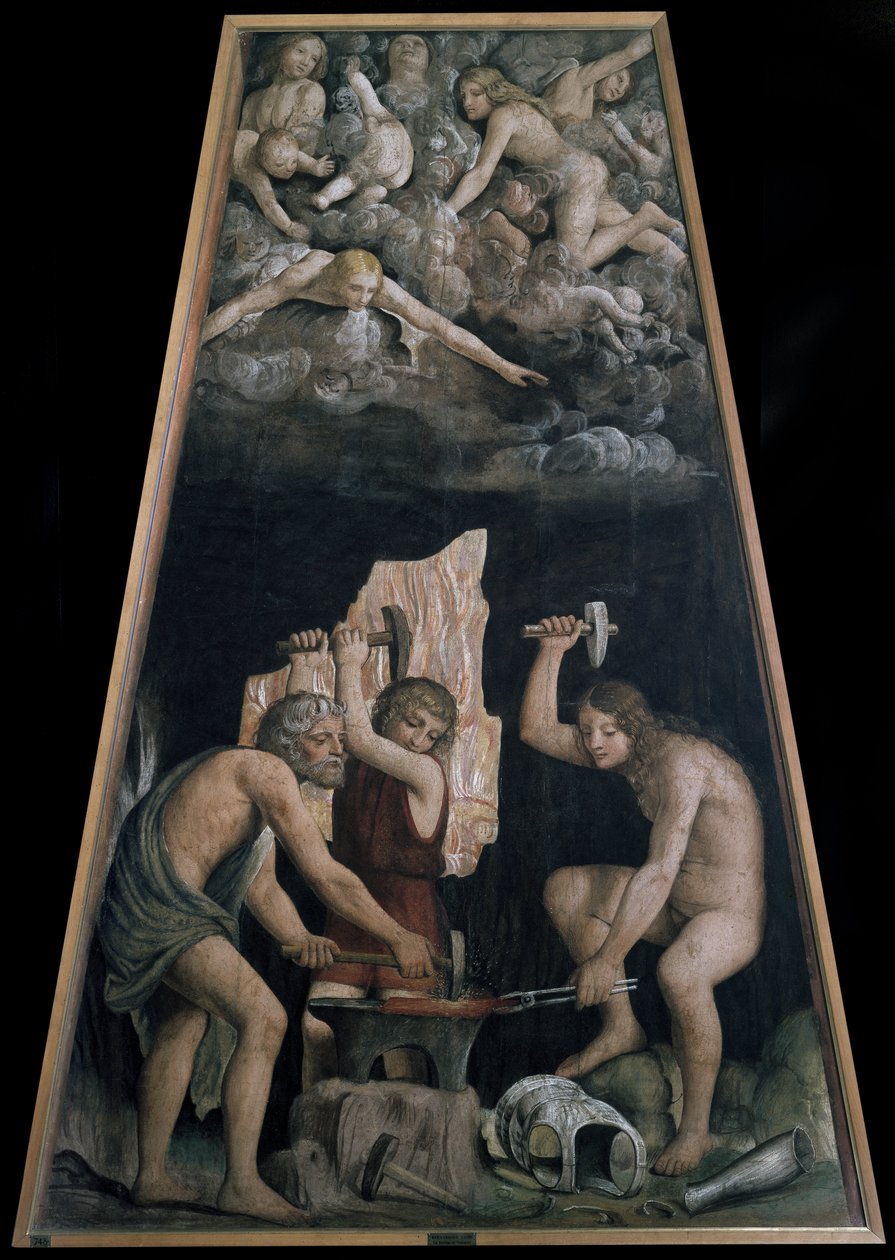 Armas divinas forjadas na Forja do Vulcão na frente de alguns anjos deitados nas nuvens, Detalhe (Fresco de Bernardino Luini