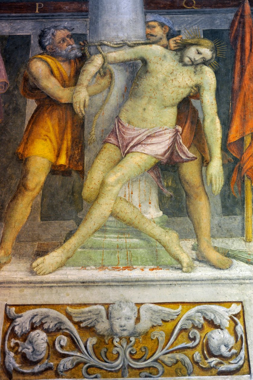 Jesus amarrado à coluna, afresco de Bernardino Luini na igreja de São Maurício no Mosteiro de Maggiore, Milão, Lombardia, Itália de Bernardino Luini
