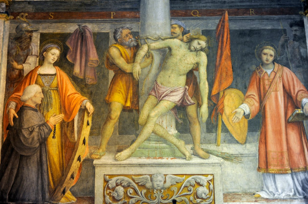 Jesus amarrado à coluna, afresco de Bernardino Luini na igreja de São Maurício no Mosteiro de Maggiore, Milão, Lombardia, Itália de Bernardino Luini