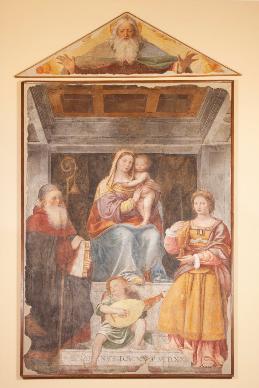 Madonna e Criança, Santo Antônio Grande, Santa Bárbara e anjo músico de Bernardino Luini