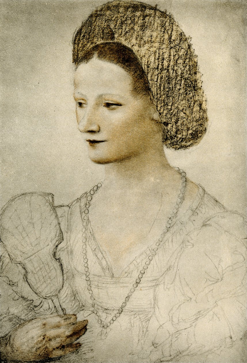 Retrato, de, um, mulher desconhecida, com, um, ventilador de Bernardino Luini