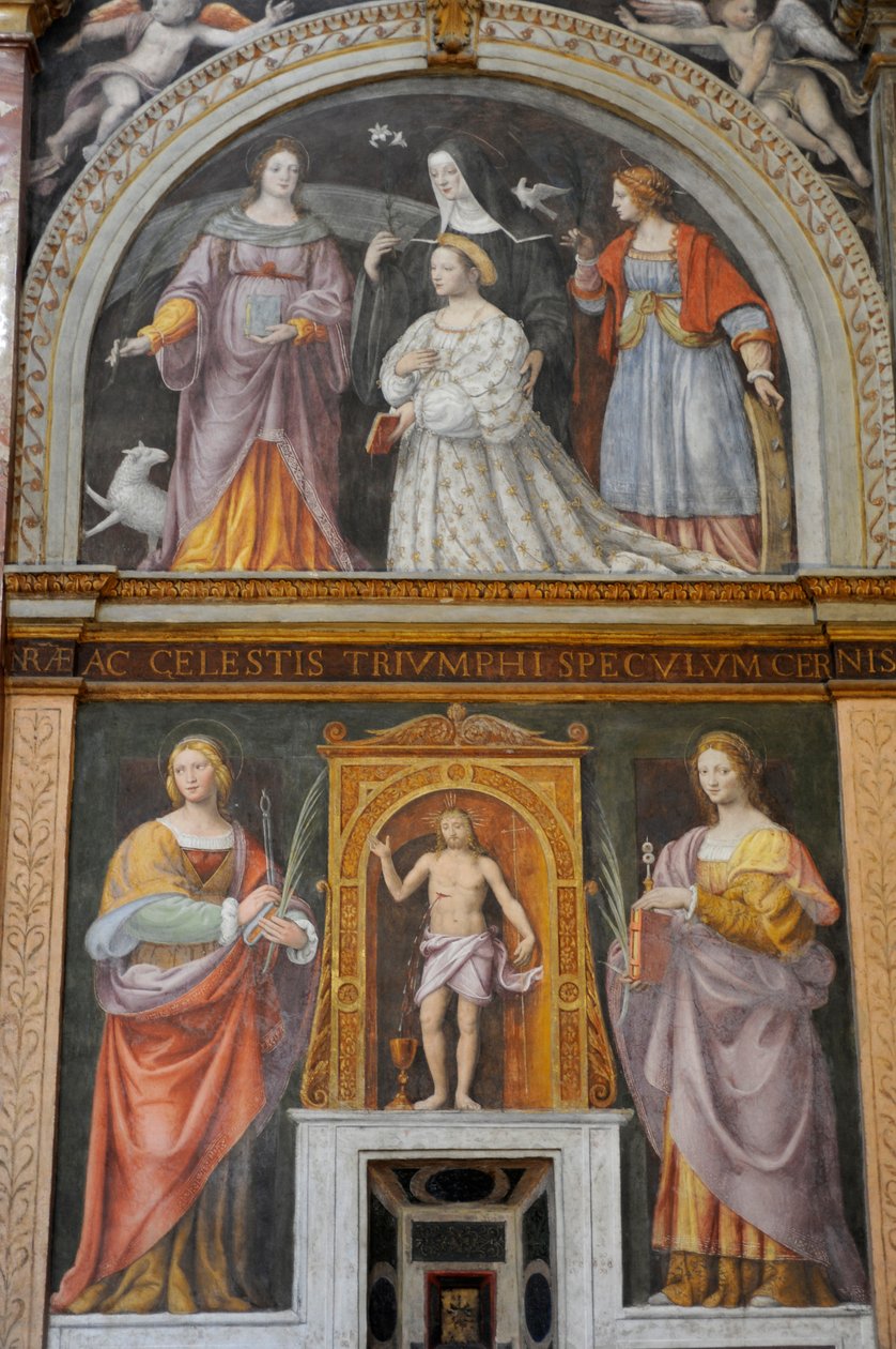 Santa Apolónia e Santa Lúcia, no topo, Ippolita Sforza rodeada de santos e freiras, fresco de Bernardino Luini na igreja de São Maurício, no Mosteiro de Maggiore, Milão, Lombardia, Itália de Bernardino Luini