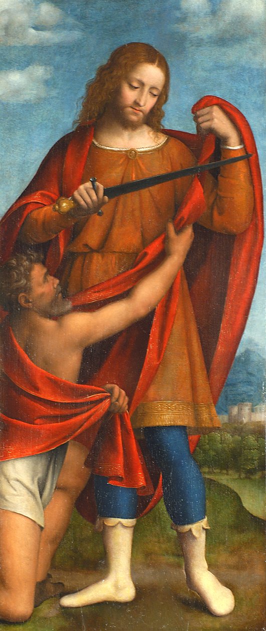 São Martinho compartilhando sua capa com um mendigo, 1520-22 (tempera a bordo) de Bernardino Luini