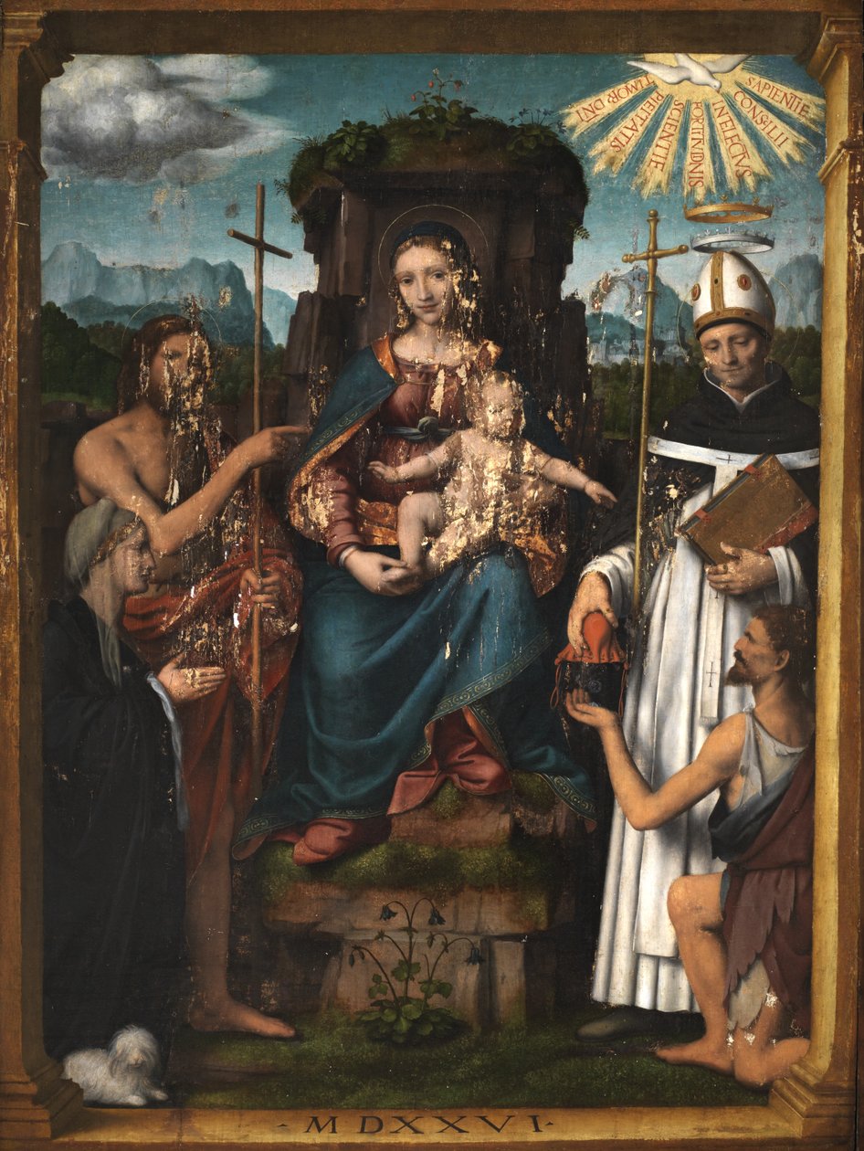 Virgem e Menino Entronizado com São João Batista, Santo Antonino, uma Doadora e um Mendigo, 1526 de Bernardino Luini