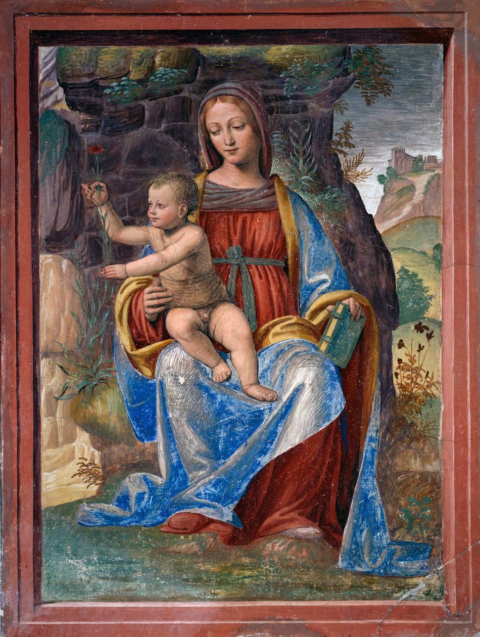 Virgem e Criança, afresco de Bernardino Luini (ca 1480-ca 1532), em Lavabo Room ou Vestry, Lombardia, Itália de Bernardino Luini
