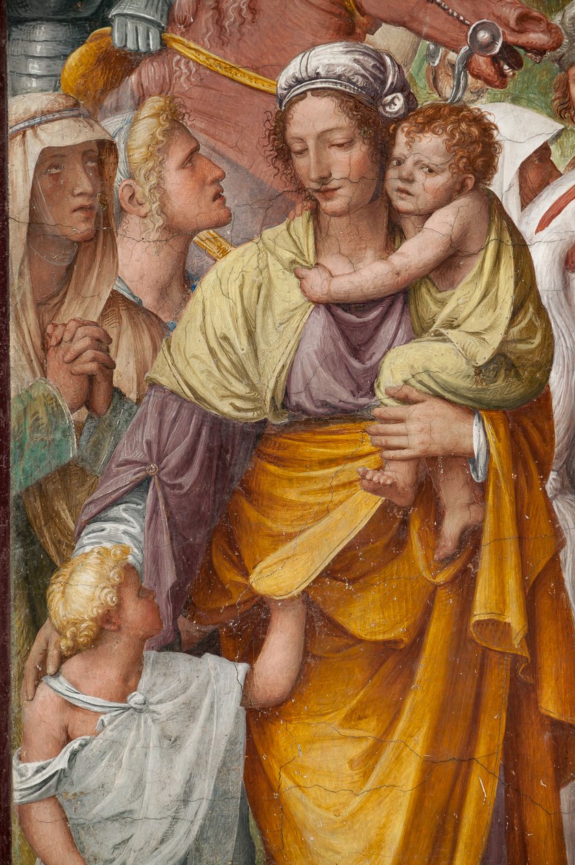 Mulher e crianças, detalhe da paixão e crucificação de Cristo de Bernardino Luini
