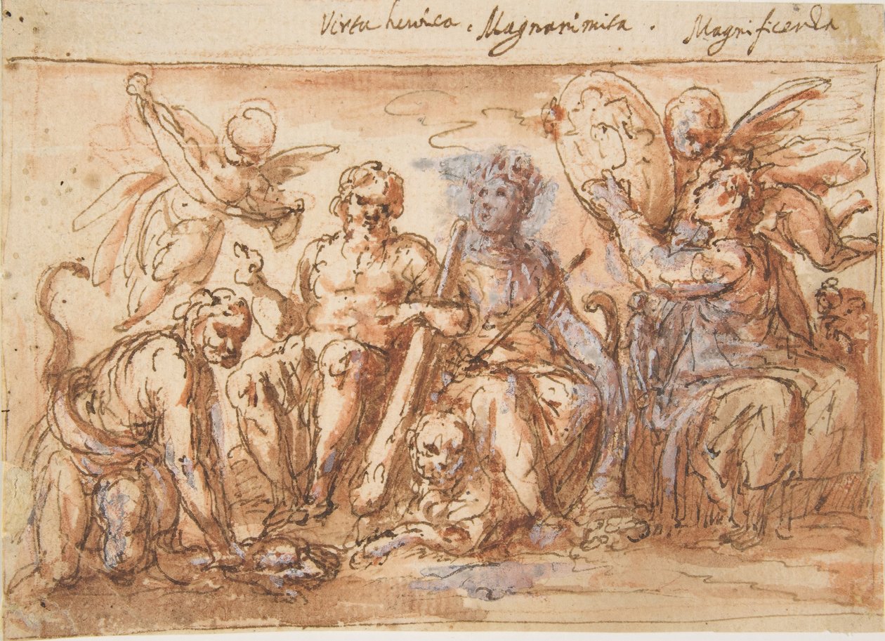 Figuras alegóricas: Força, Hércules estrangulando a Hidra, Abundância e Fama, 1600-1650. de Bernardino Rodriguez