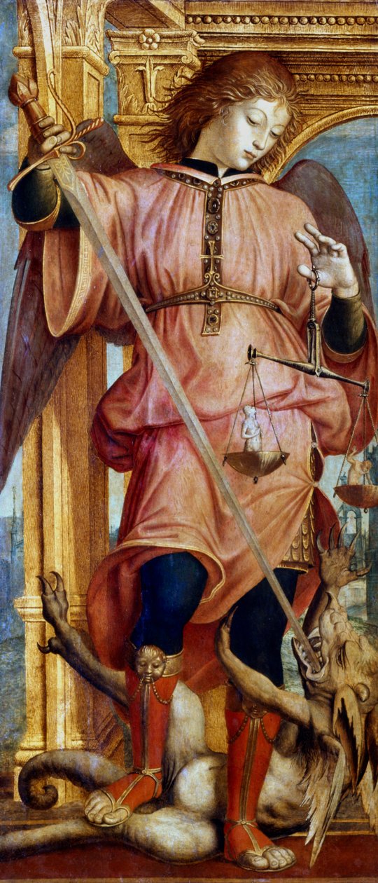 São Miguel Arcanjo lutando contra um dragão com uma espada, c1484-1526 de Bernardino Zenale