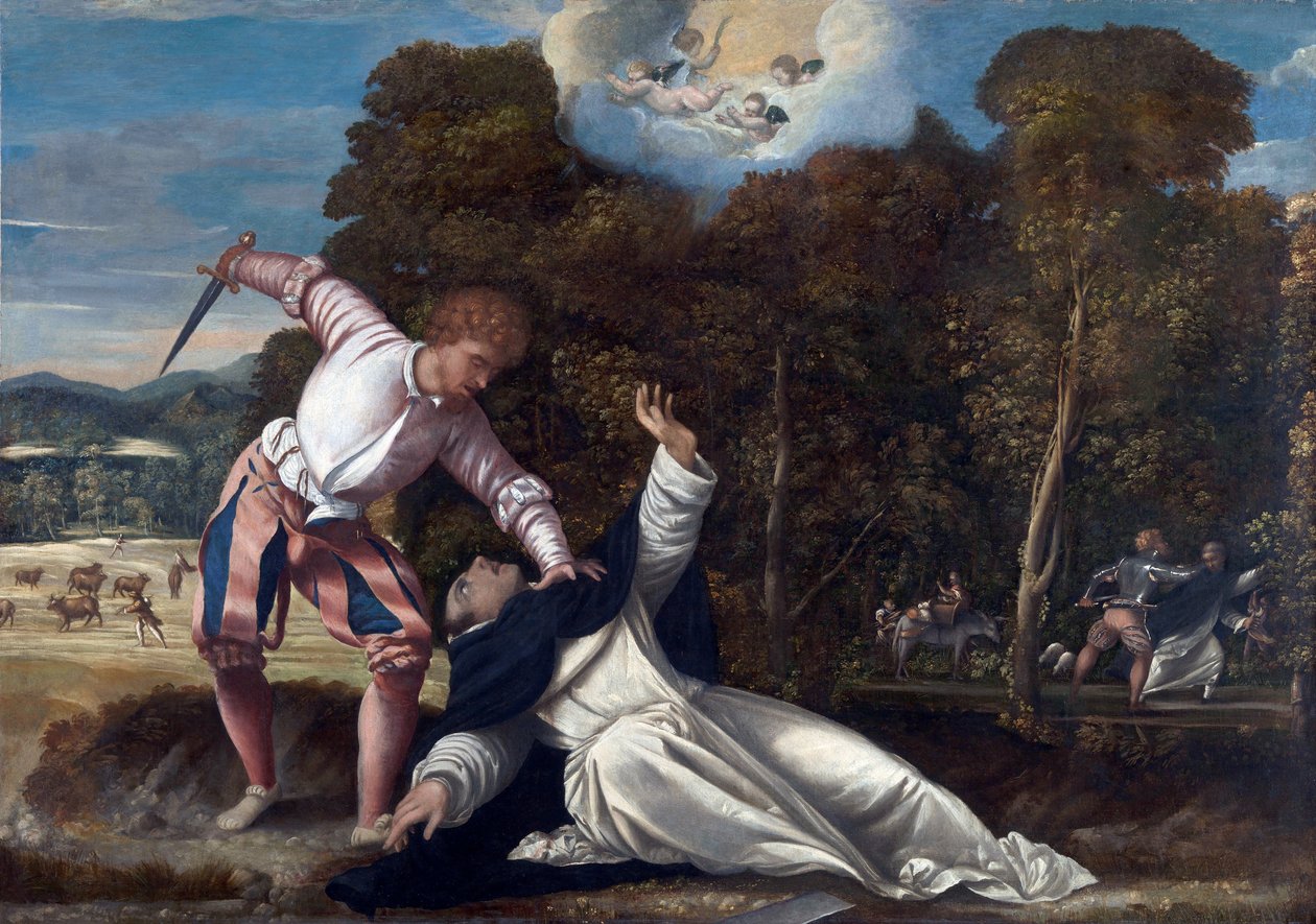 La mort de Saint Pierre de Verone - Peinture attribuee a Bernardino da Asola (actif 1525-1550), huile sur toile (102x144,8 cm), vers 1540 - (A Morte de São Pedro Mártir, Óleo sobre tela de Bernardino da Asola de Bernardino da Asola