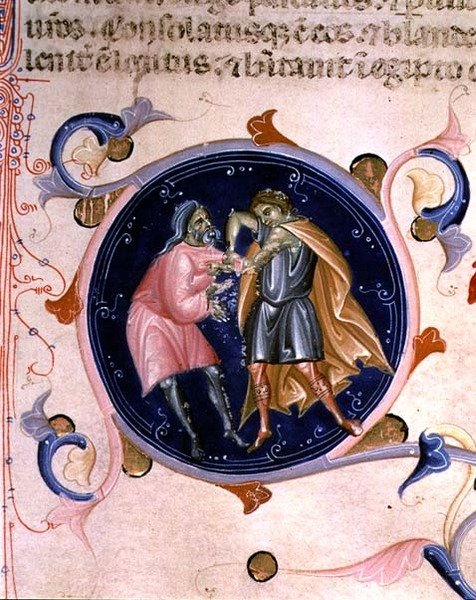 Miniatura de dois homens a discutir, da Bíblia de Carlos V de Valois (vellum) de Bernardino da Modena