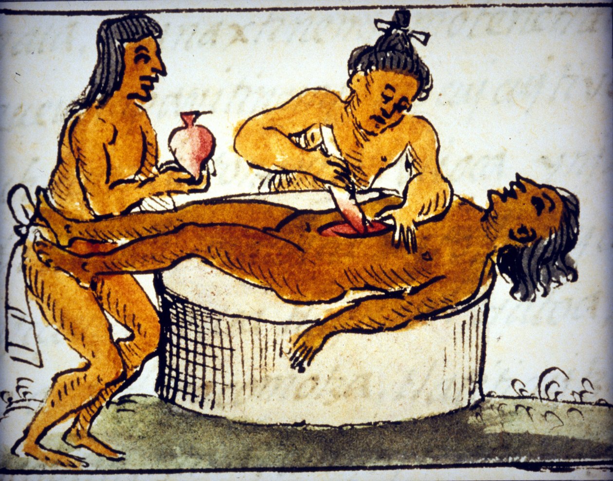 Sacrifício humano: sacrifício ritual entre os astecas. De um manuscrito de Bernardino de Sahagun de Bernardino de Sahagun