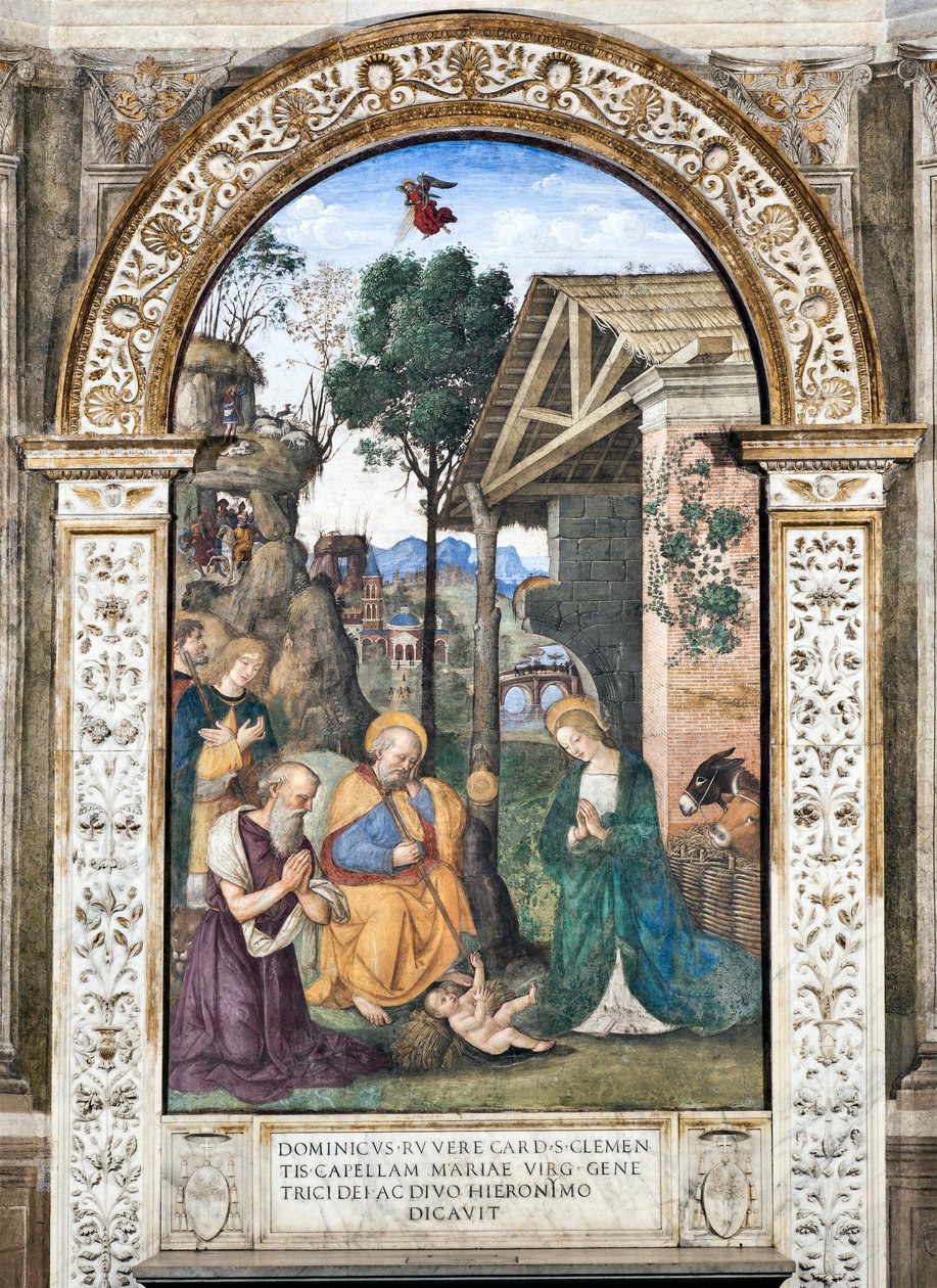 Adoração dos Pastores Frescos por Pinturicchio (Bernardino di Betto) (1454-1513) 1484-1492 Basílica de Santa Maria del Popolo (Igreja de Santa Maria del Popolo), Basso della Rovere Capela Roma Itália de Bernardino di Betto Pinturicchio