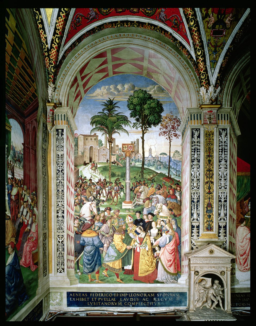 Aeneas Sylvius Piccolomini (1405-64) apresenta Eleonora de Aragão a Frederick III (1415-93) em 24 de Fevereiro de 1452 (fresco) de Bernardino di Betto Pinturicchio