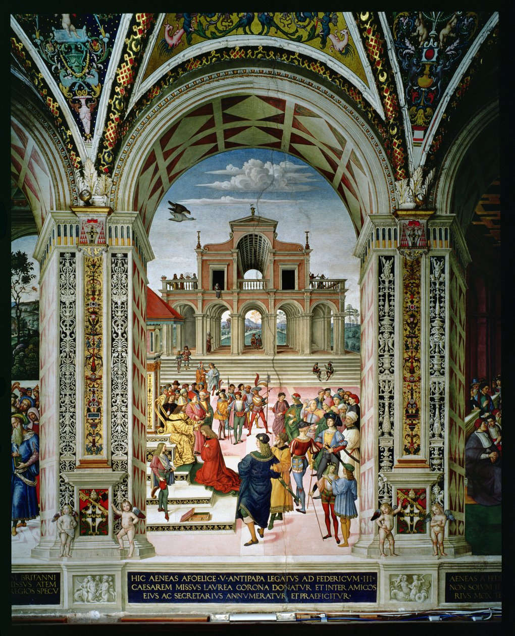 Aeneas Sylvius Piccolomini (1405-64) é Laureado Poeta Coroa por Frederick III (1415-93) em 1442 de Bernardino di Betto Pinturicchio