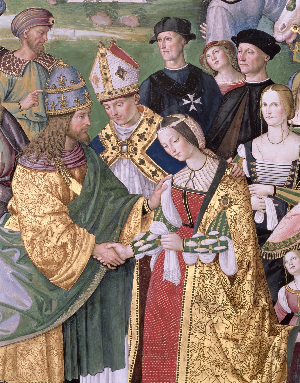 Aeneas Sylvius Piccolomini (1405-64) apresenta Eleonora de Aragão a Frederick III (1415-93) de Bernardino di Betto Pinturicchio
