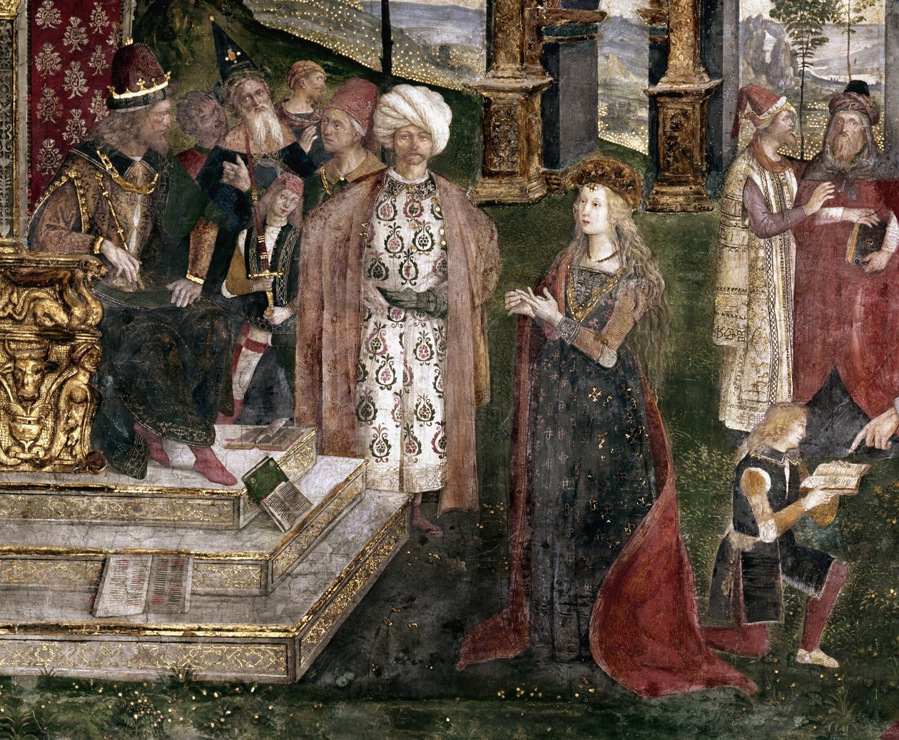 Detalhe da disputa de Santa Catarina de Alexandria com o filósofo, em frente ao imperador romano Maxêncio de Bernardino di Betto Pinturicchio