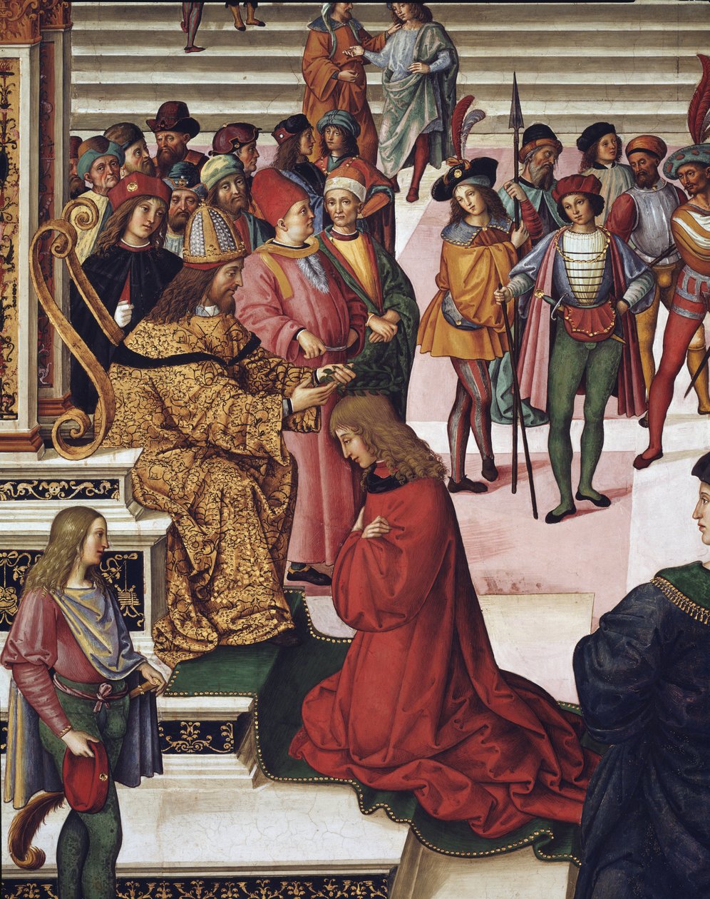 Enea Silvio Piccolomini (Pio II) coroada poeta curta pelo imperador Frederico III. Detalhe - Fresco de Bernardino di Betto Pinturicchio