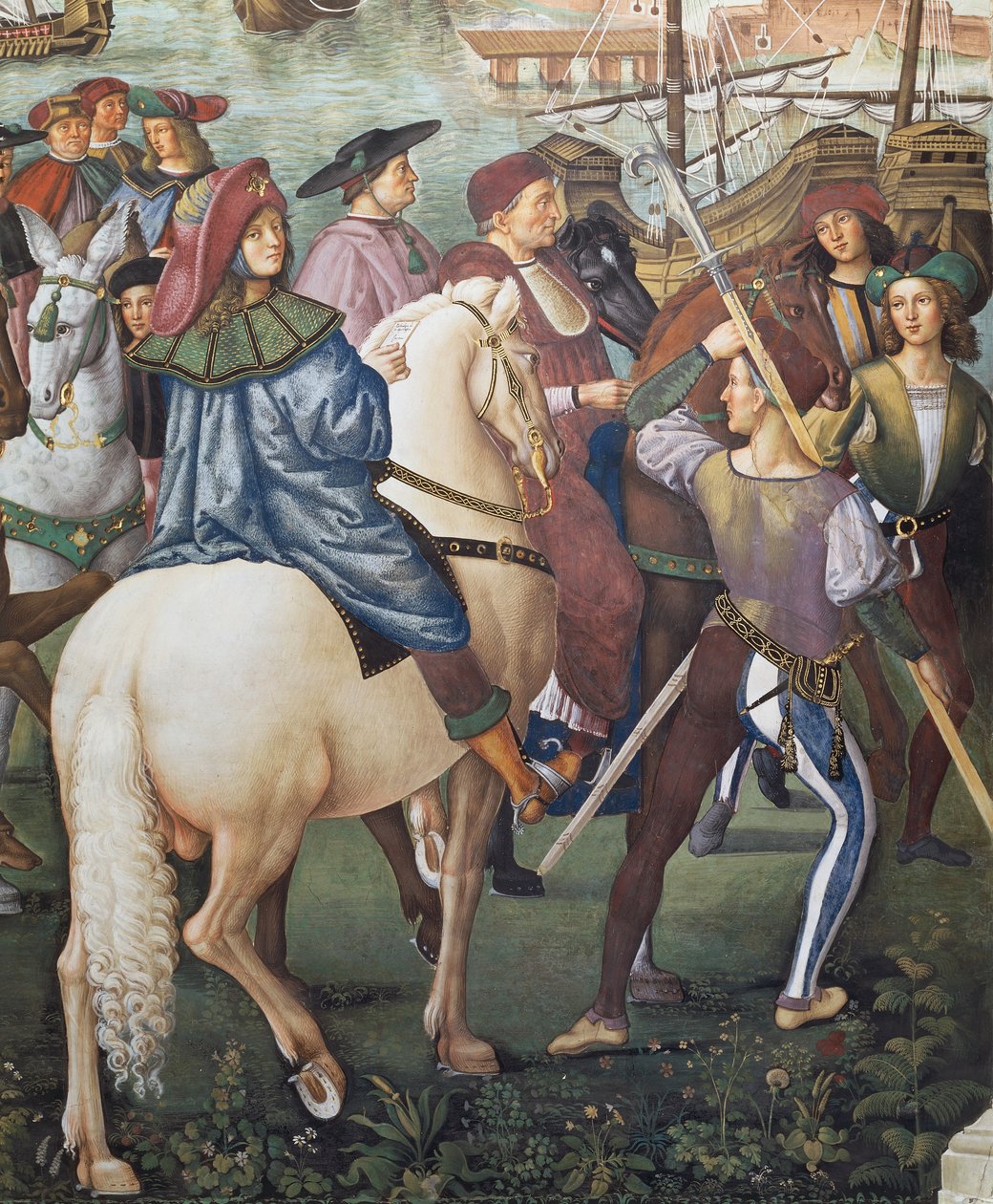 Enea Silvio Piccolomini parte para Basileia na qualidade de secretária do Bispo de Ferrara, detalhe das Histórias de Pio II de Bernardino di Betto Pinturicchio