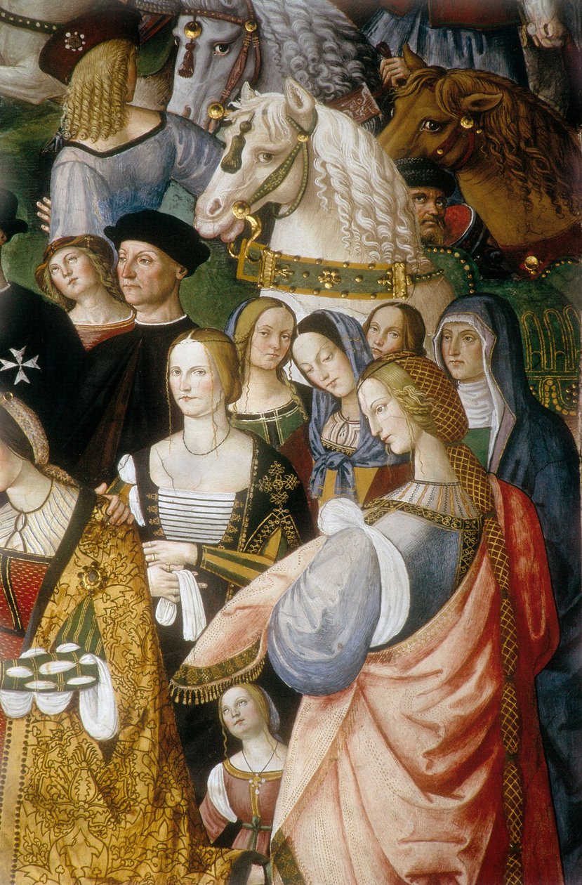 Enee Silvio Piccolomini apresentando Eleonore de Portugal ao Imperador Frederico III do Santo Império na Porta de Camollia em Siena", detalhe (fresco) de Bernardino di Betto Pinturicchio