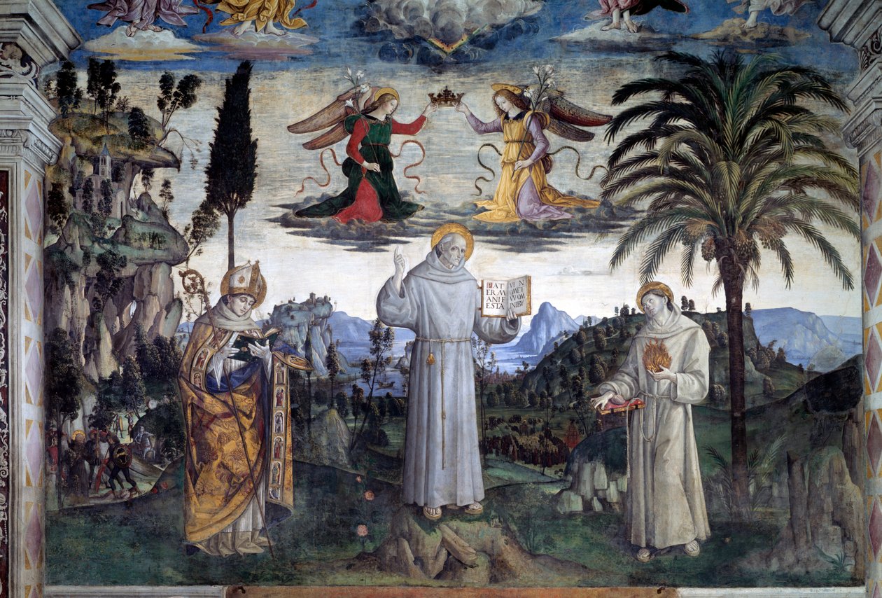 Glória de Bernardino de Siena. Detalhe de Santo entre São Luís de Anjou e Santo António de Pádua (Fresco, c.1486) de Bernardino di Betto Pinturicchio