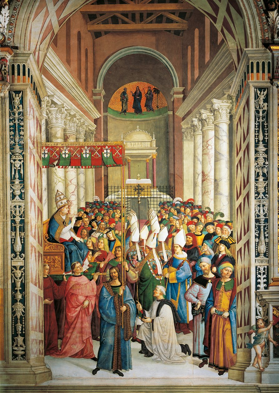 Itália, Siena, Catedral, Biblioteca Piccolomini, Coroação do Papa Pio II, detalhe de Histórias de Pio II de Bernardino di Betto Pinturicchio